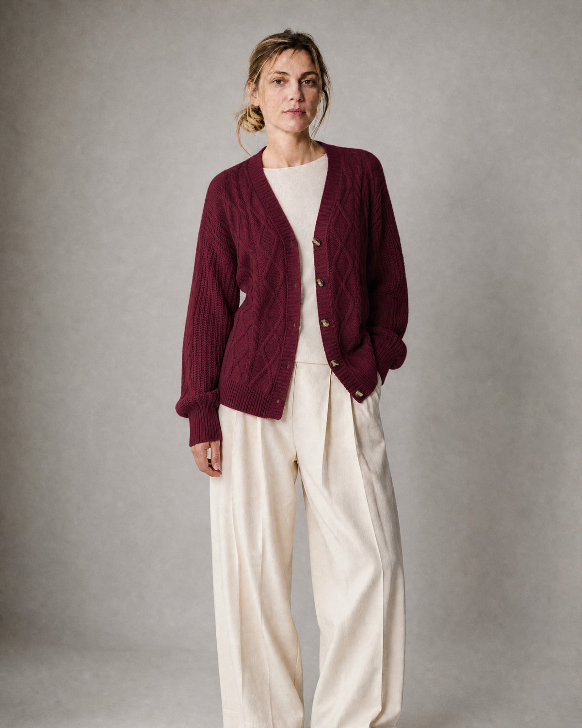 Women's Cable-Knit Cardigan worn, three-quarter view | Belmorne