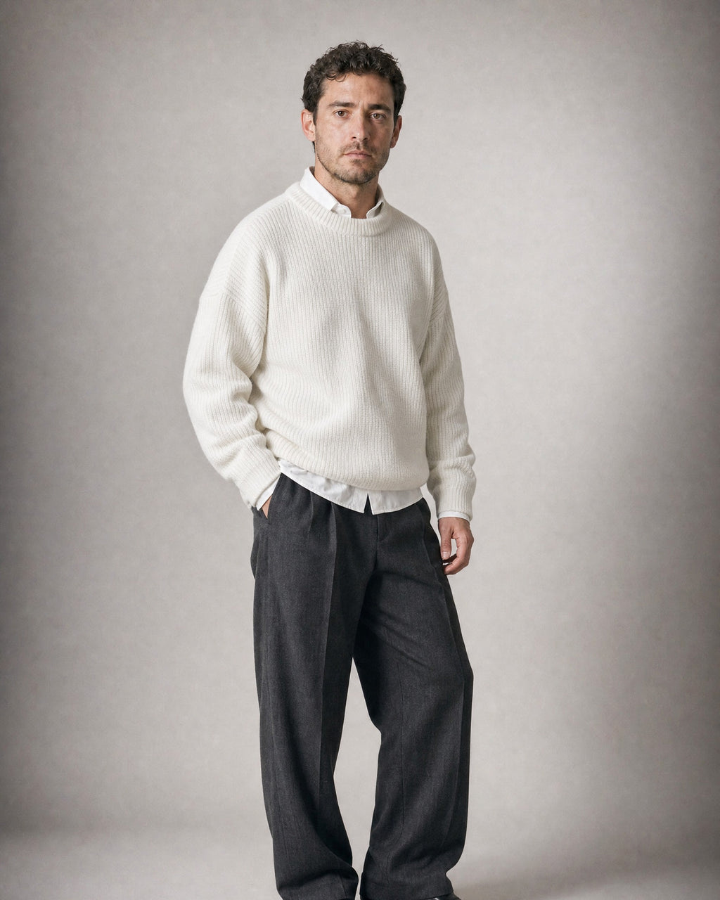 Men's Chunky Knit Crew-Neck Sweater worn, three-quarter view | Belmorne