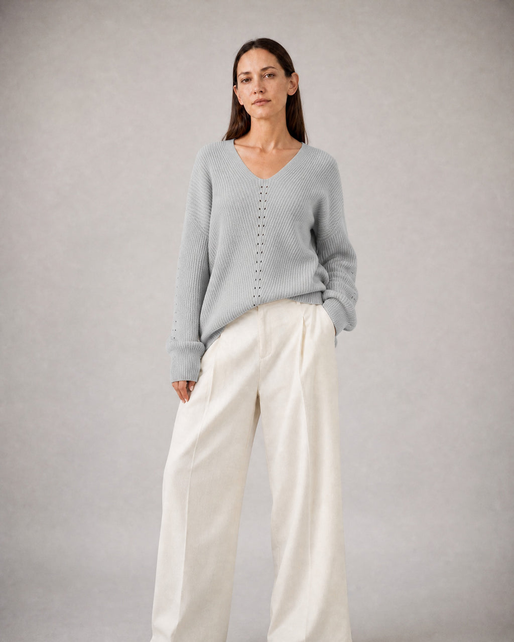 Women's V-Neck Sweater worn, three-quarter view | Belmorne