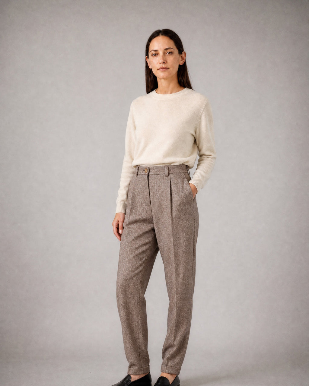 Women's Herringbone Trousers worn, three-quarter view | Belmorne
