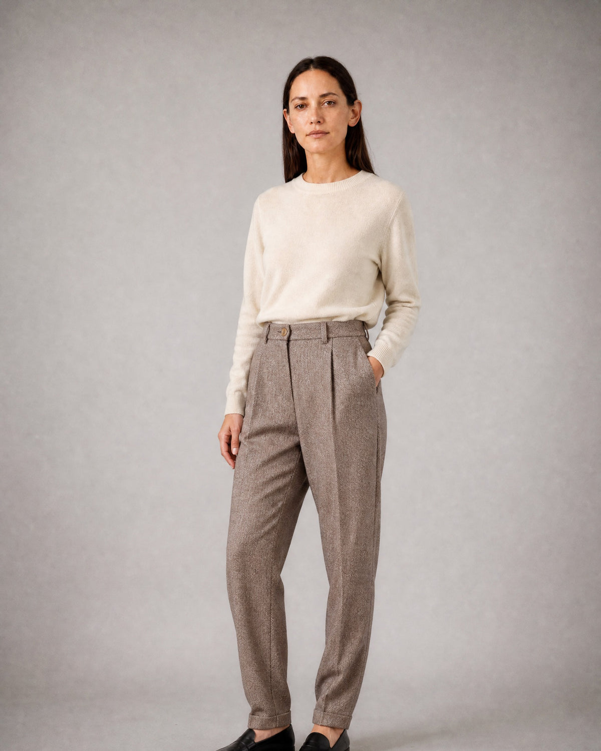 Women's Herringbone Trousers worn, three-quarter view | Belmorne