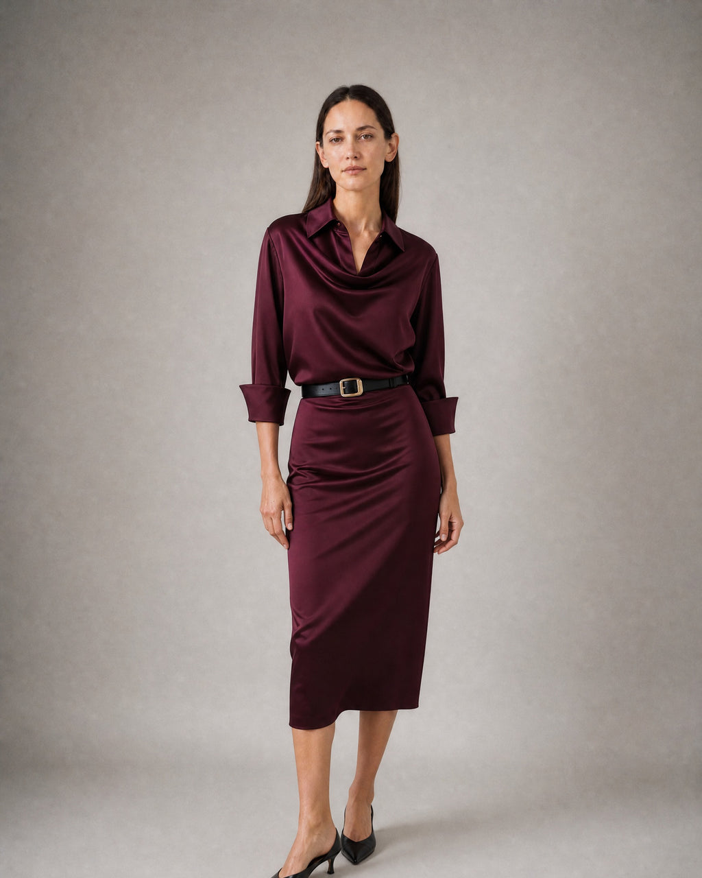 Women's Satin Long-Sleeve Dress worn, three-quarter view | Belmorne
