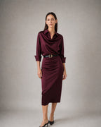 Women's Satin Long-Sleeve Dress worn, three-quarter view | Belmorne
