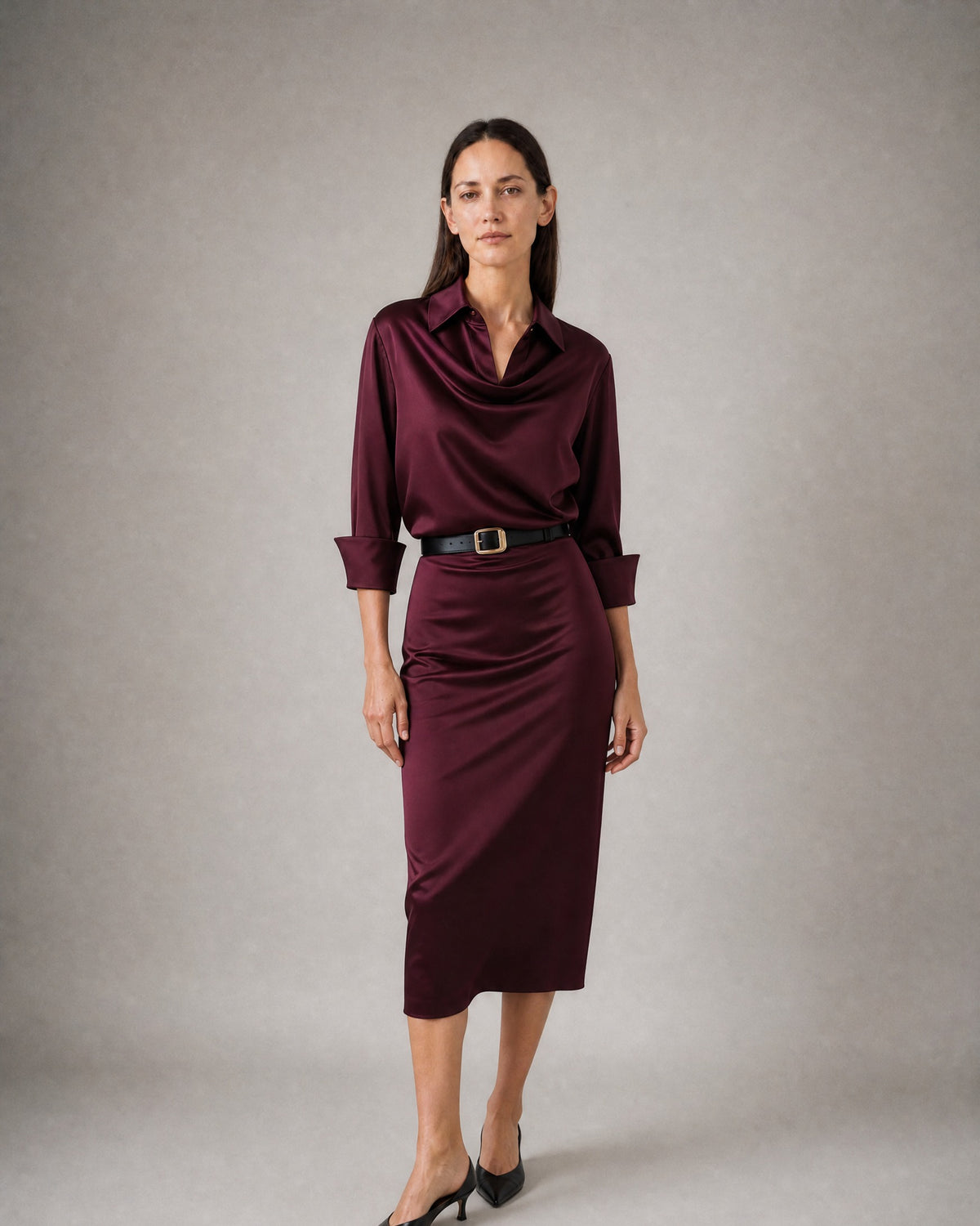 Women's Satin Long-Sleeve Dress worn, three-quarter view | Belmorne