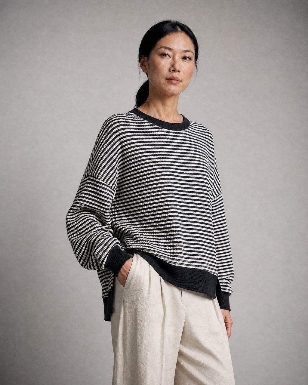 Women's Striped Waffle-Knit Pullover worn, three-quarter view | Belmorne