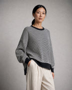 Women's Striped Waffle-Knit Pullover worn, three-quarter view | Belmorne