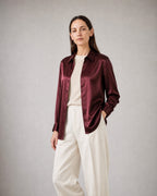Women's Satin Button-Up Blouse worn, three-quarter view | Belmorne