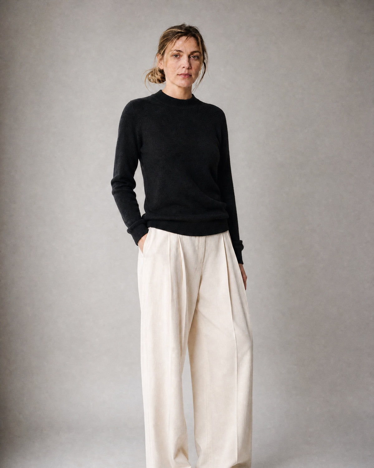 Women's Wool-Blend Mock-Neck Sweater worn, three-quarter view | Belmorne