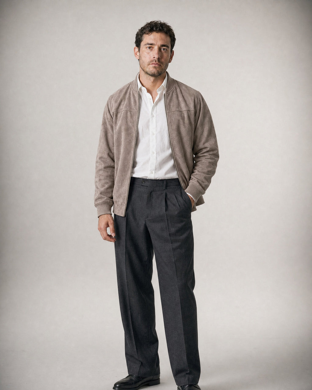 Men's Suede-Look Zip Jacket worn, three-quarter view | Belmorne