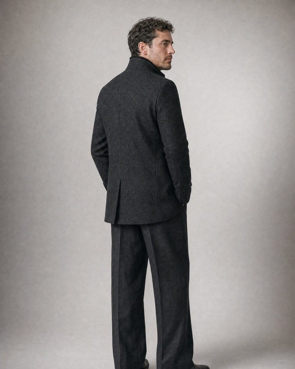 Men's Wool Stand-Collar Coat worn, back | Belmorne
