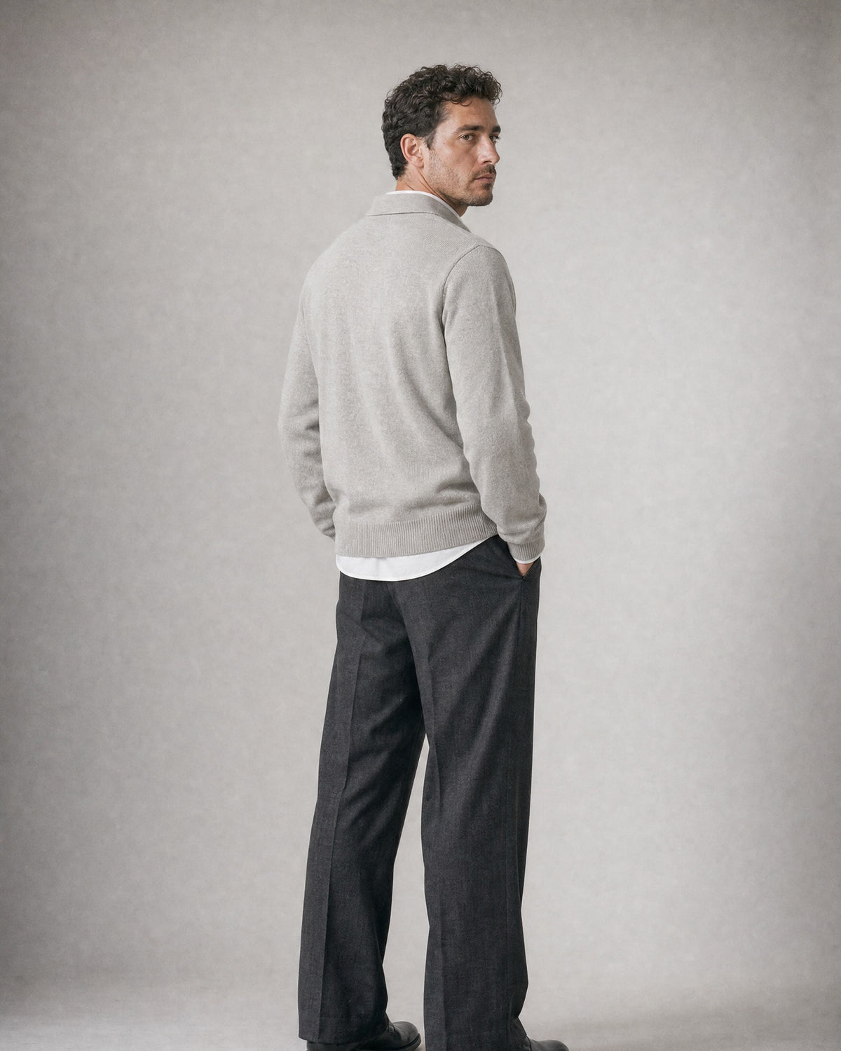 Men's Knit Polo Sweater worn, back | Belmorne