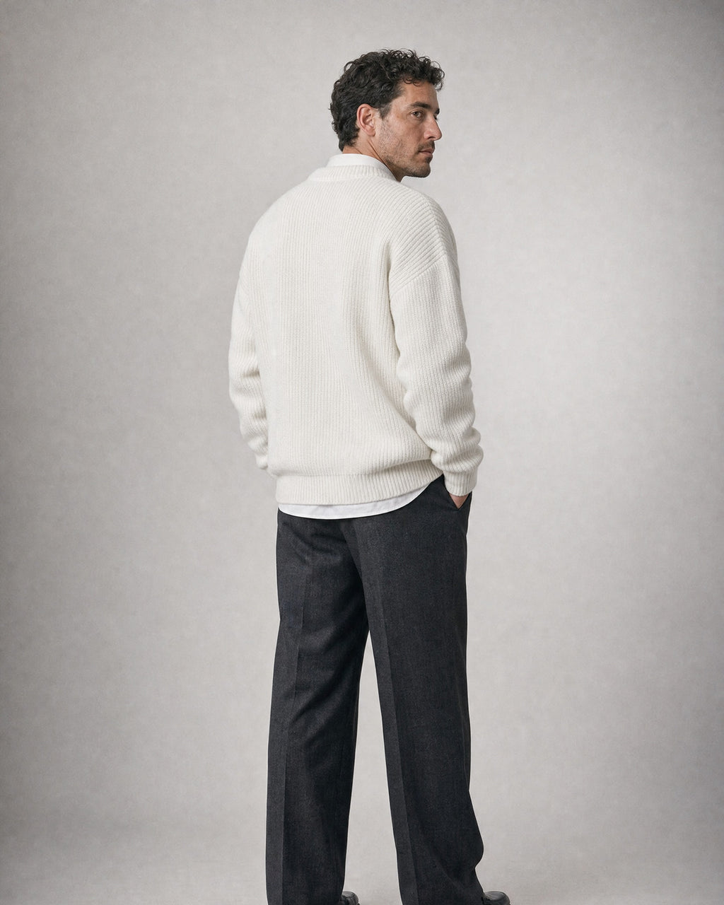 Men's Chunky Knit Crew-Neck Sweater worn, back | Belmorne