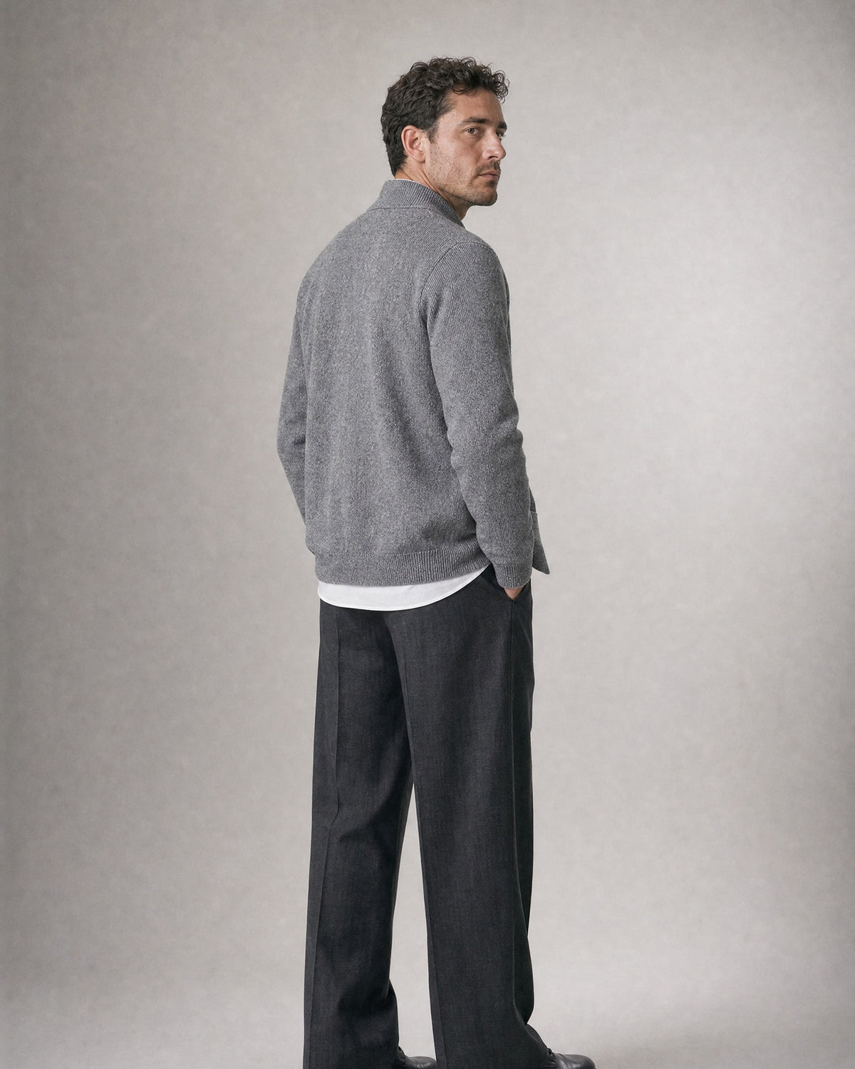 Men's Stand-Collar Knit Cardigan worn, back | Belmorne