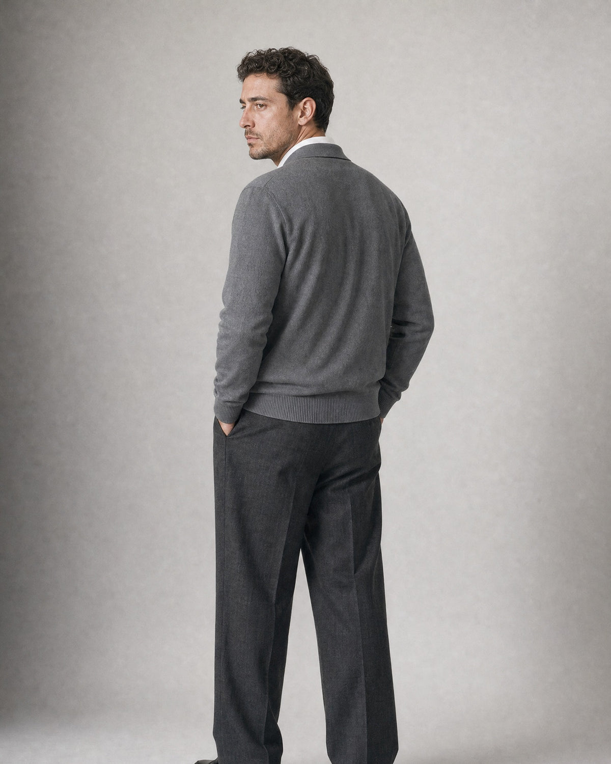 Men's Collared Knit Cardigan worn, back | Belmorne