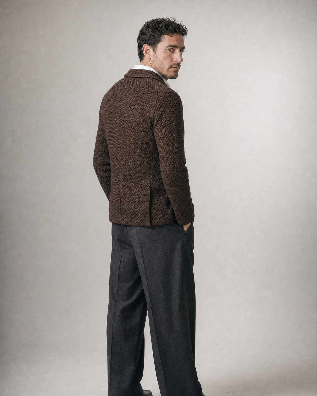 Men's Knit Blazer worn, back | Belmorne