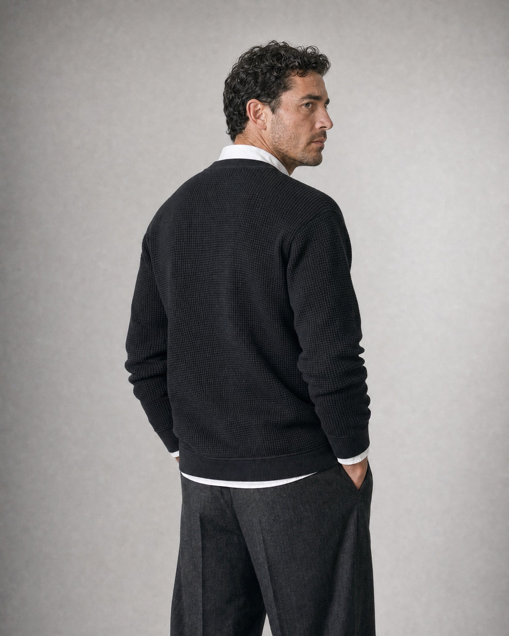 Men's Waffle-Knit Henley worn, back | Belmorne
