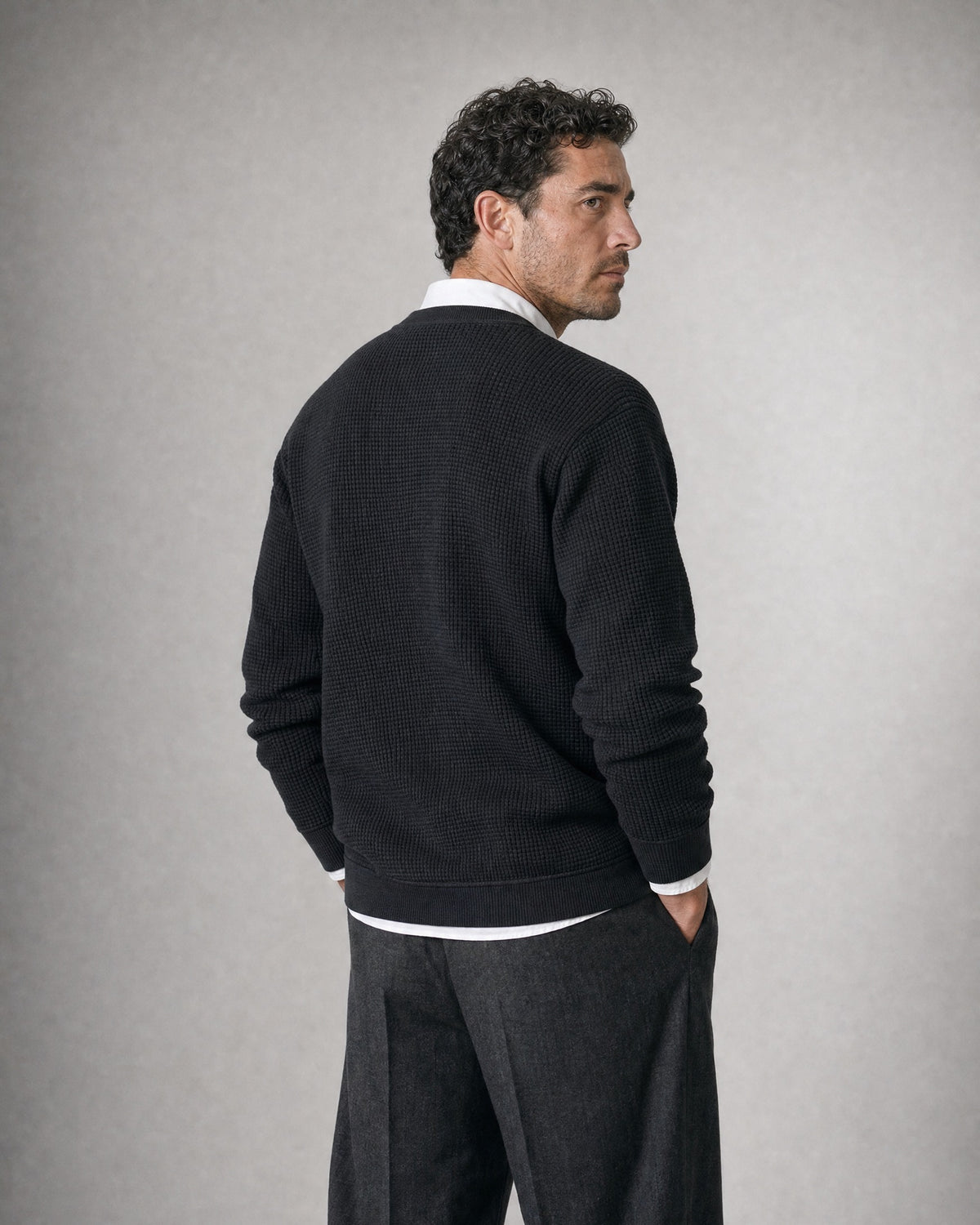 Men's Waffle-Knit Henley worn, back | Belmorne