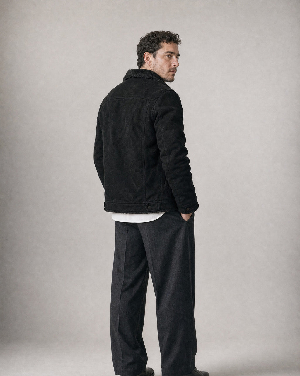 Men's Fleece-Lined Lapel Coat worn, back | Belmorne