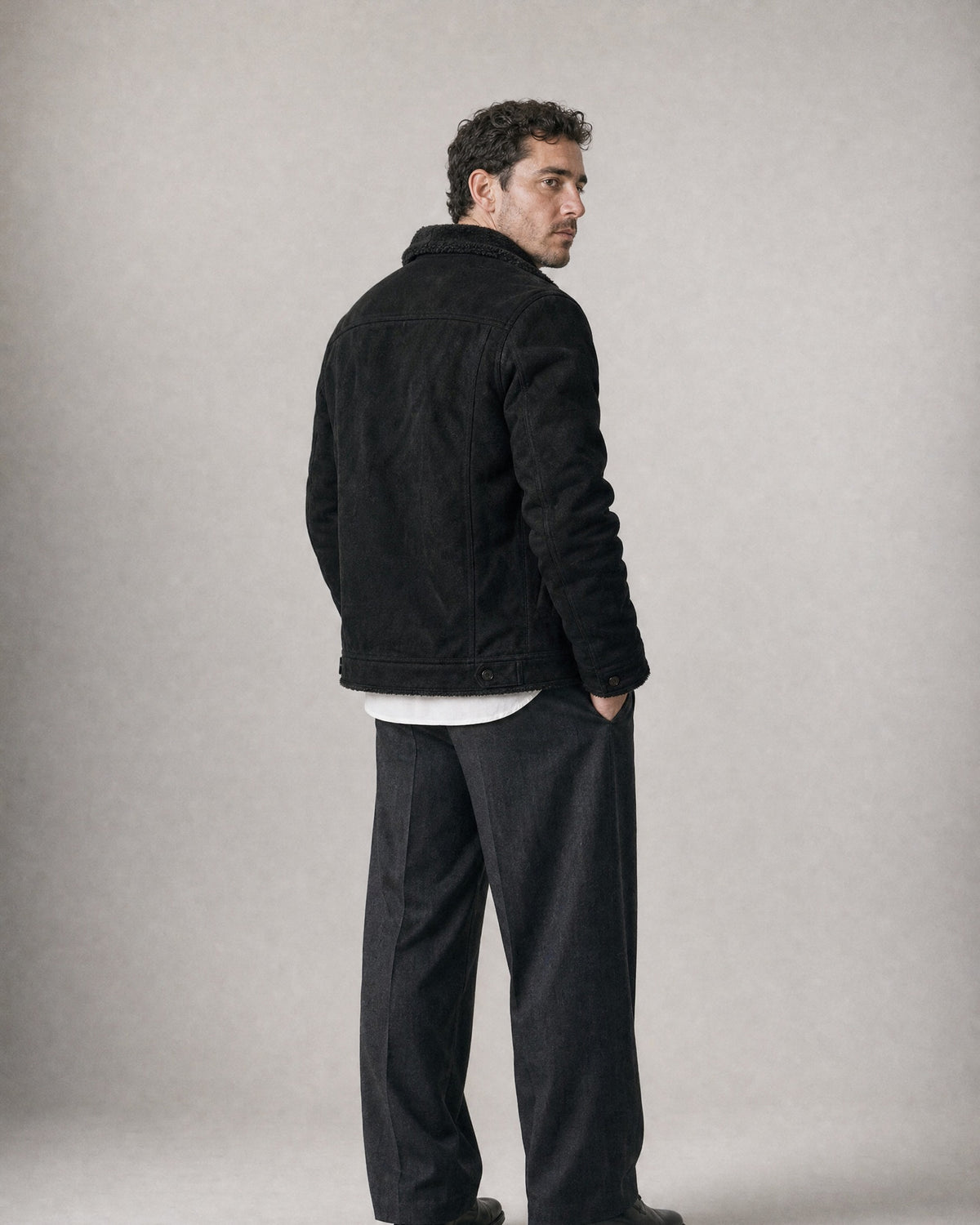 Men's Fleece-Lined Lapel Coat worn, back | Belmorne