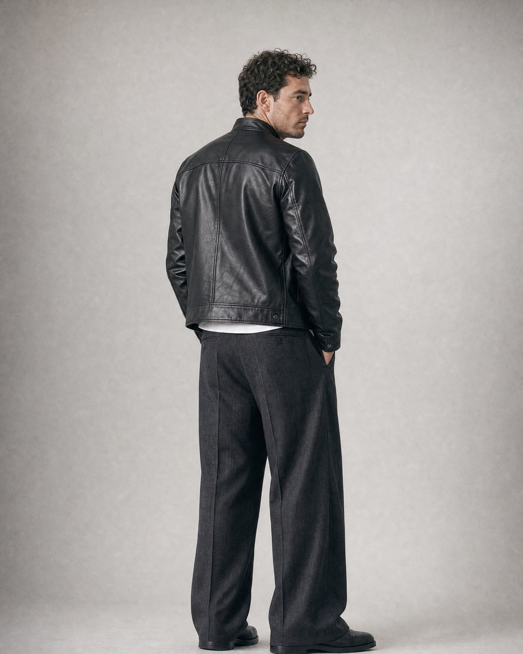 Men's Faux-Leather Racer Jacket worn, back | Belmorne