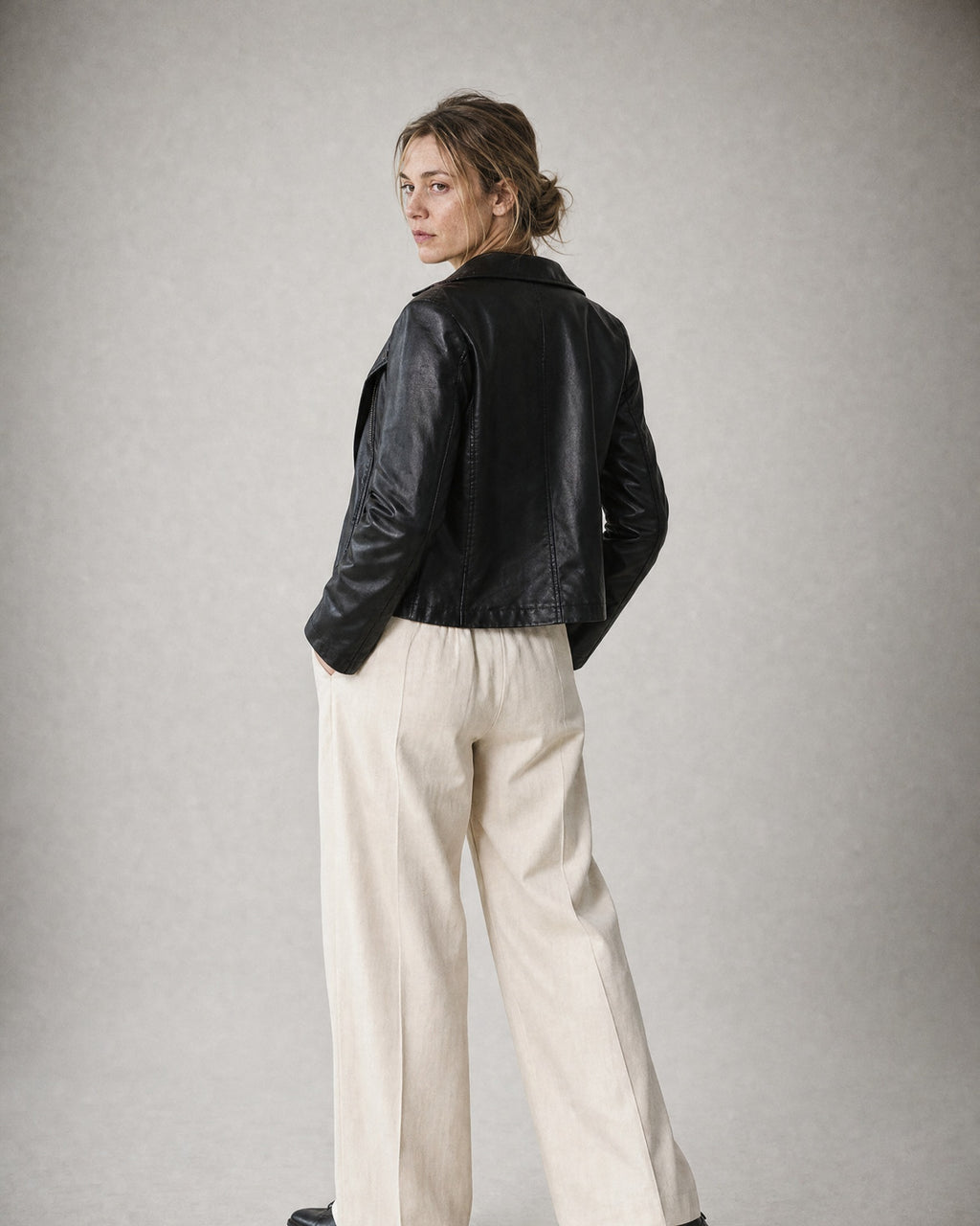 Women's Faux Leather Jacket worn, back | Belmorne