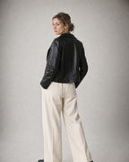 Women's Faux Leather Jacket worn, back | Belmorne