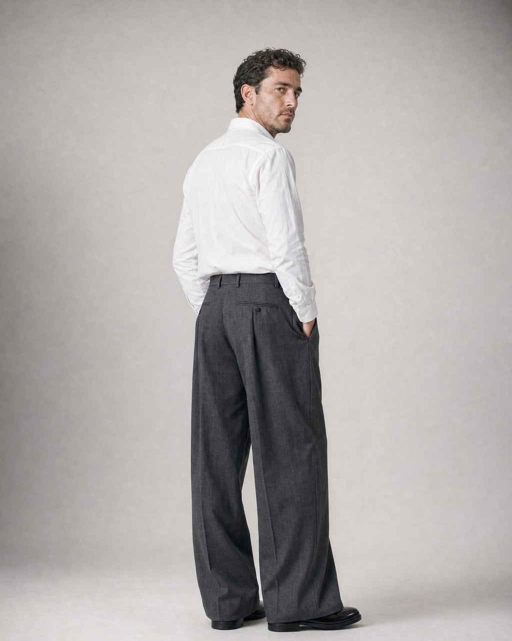 Men's Pleated Tailored Trousers worn, back | Belmorne