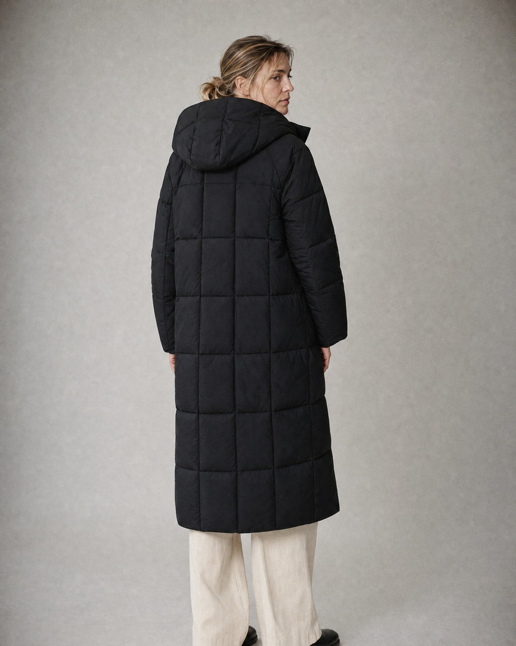 Women's Long Puffer Coat worn, back | Belmorne