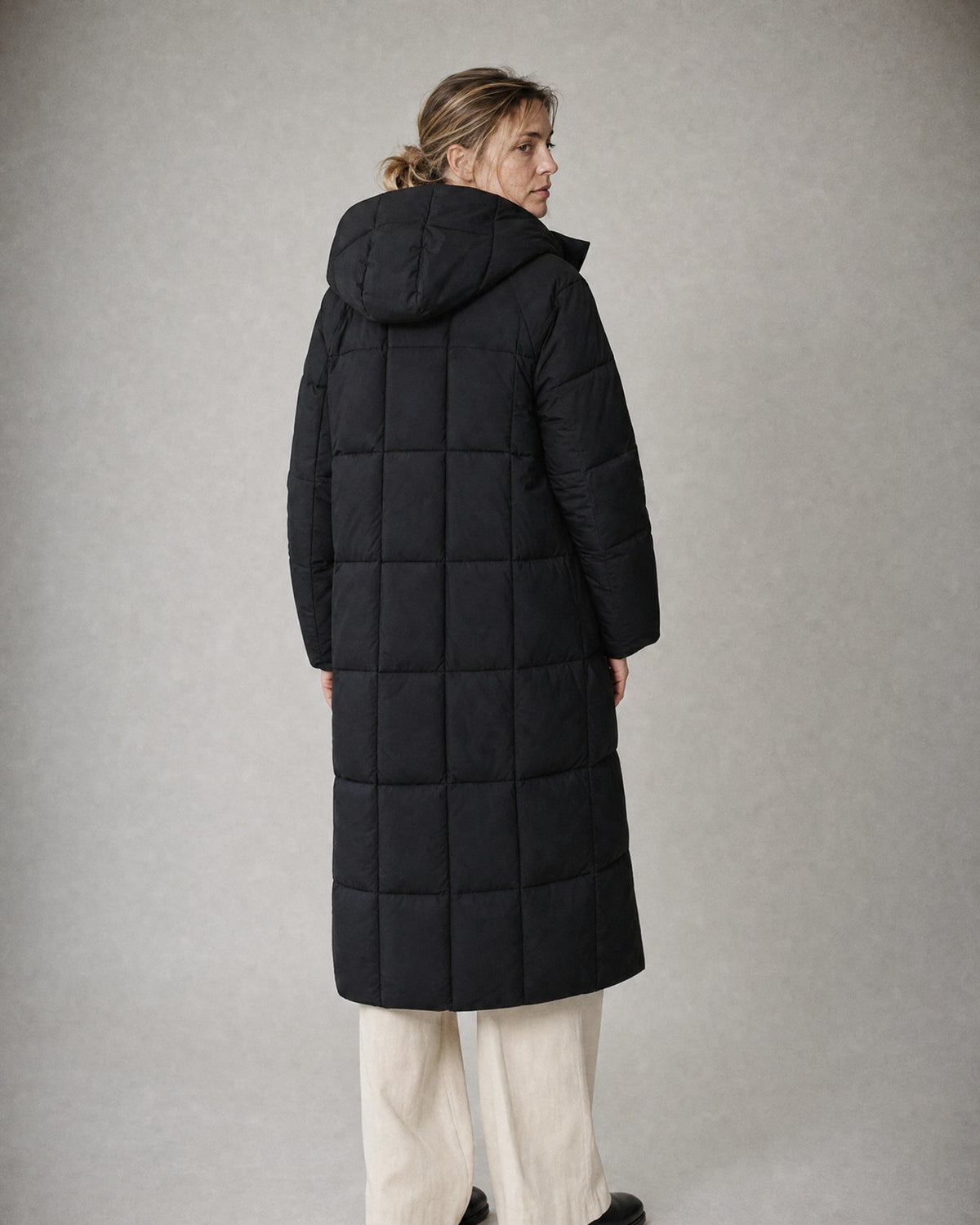 Women's Long Puffer Coat worn, back | Belmorne