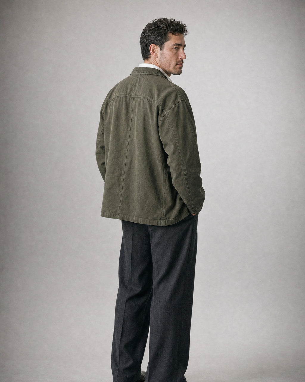 Men's Cotton Barn Jacket worn, back | Belmorne