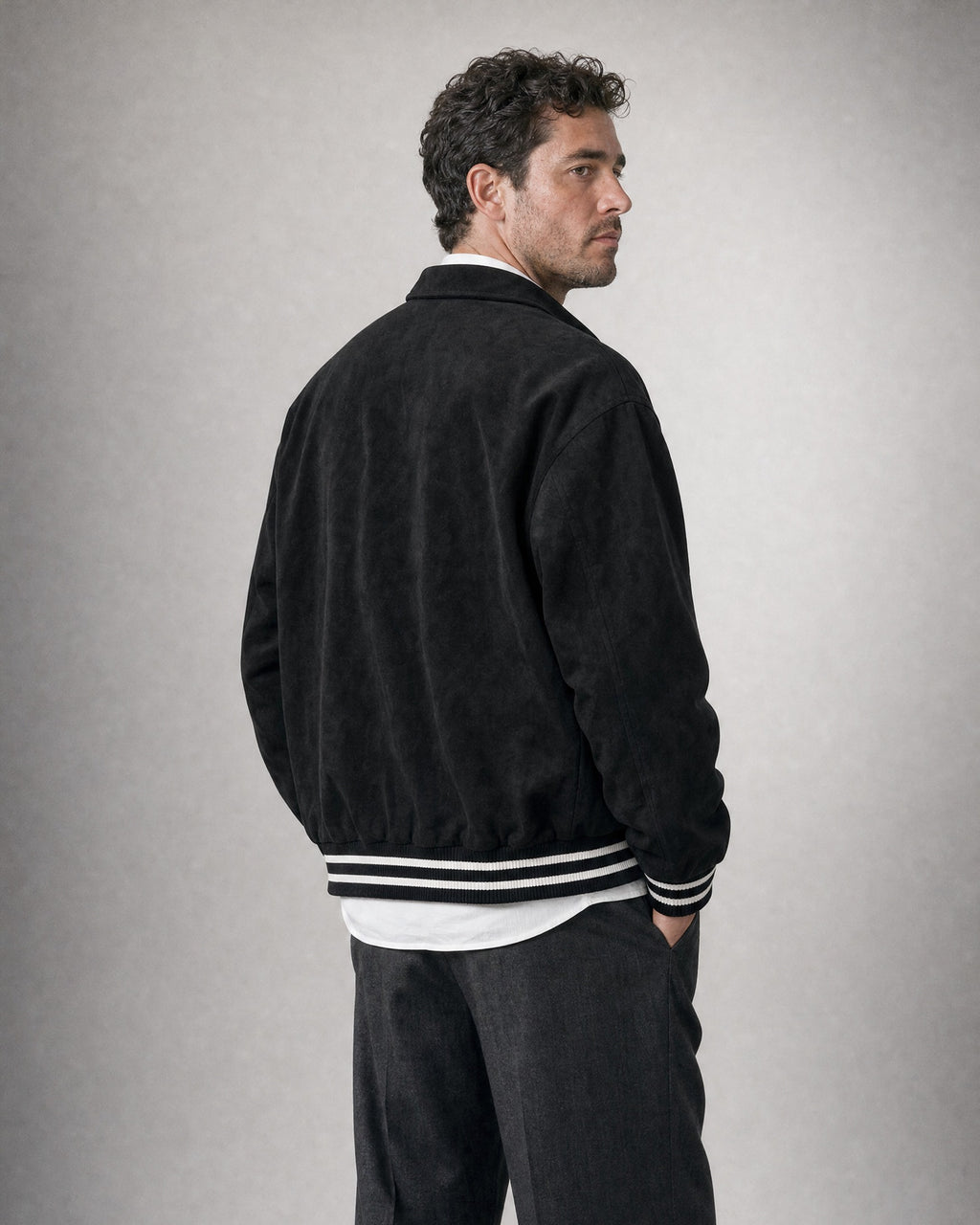 Men's Suede-Look Varsity Jacket worn, back | Belmorne