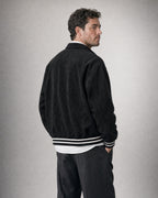 Men's Suede-Look Varsity Jacket worn, back | Belmorne