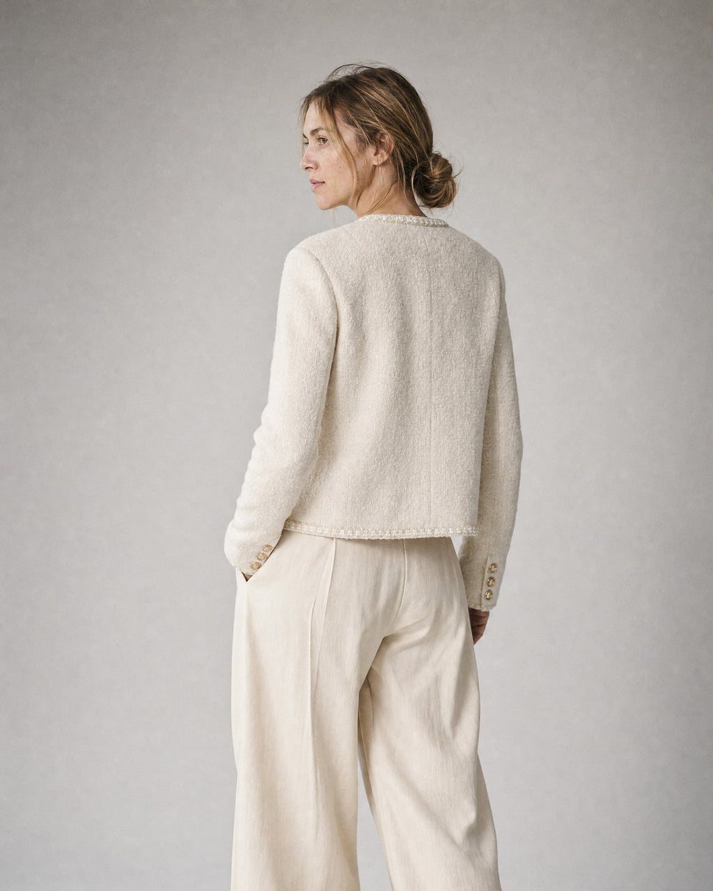 Women's Cropped Tweed Jacket worn, back | Belmorne