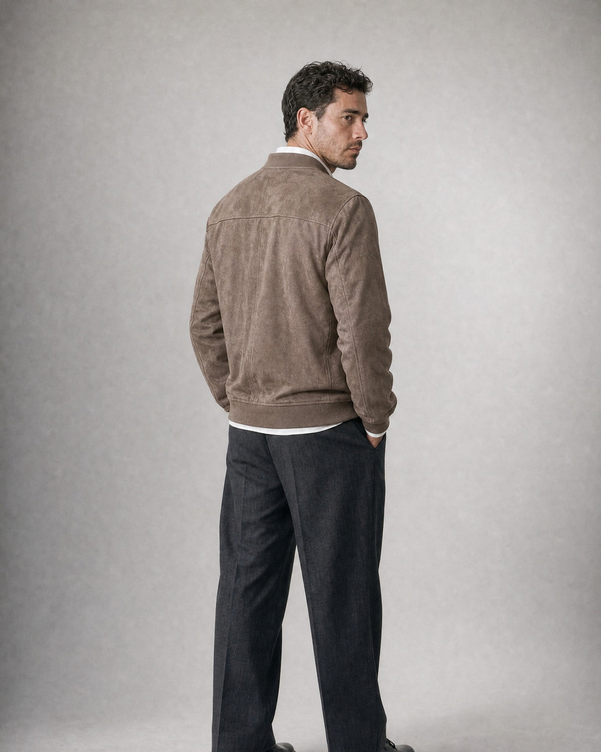Men's Suede-Look Zip Jacket worn, back | Belmorne