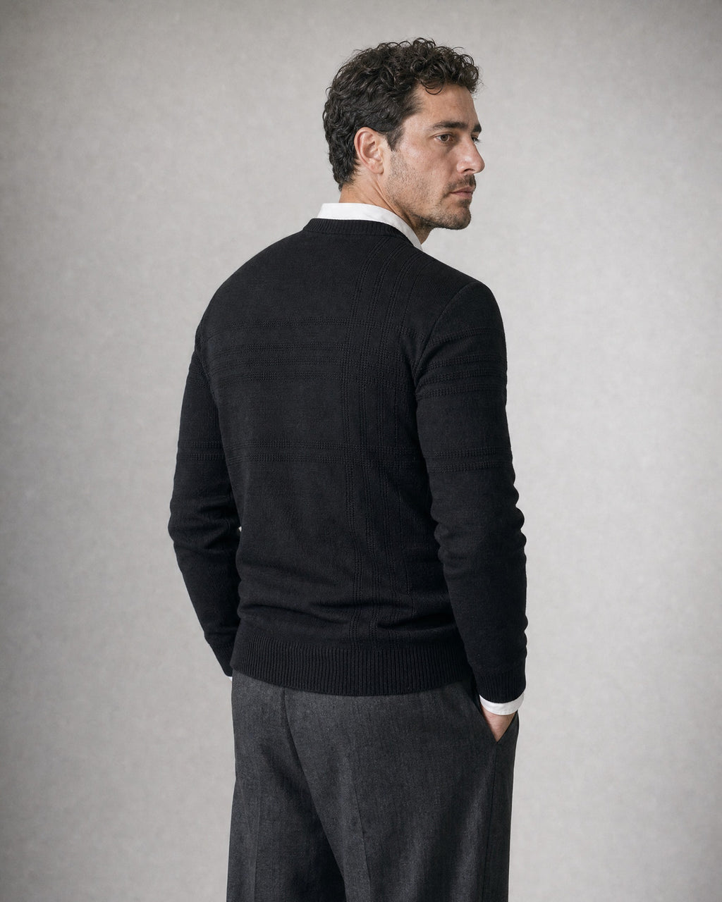 Men's Fine Knit Crew-Neck Sweater worn, back | Belmorne