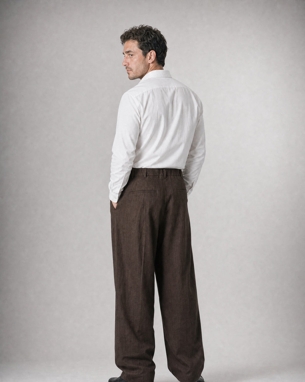 Men's Double-Pleat Wide-Leg Trousers worn, back | Belmorne
