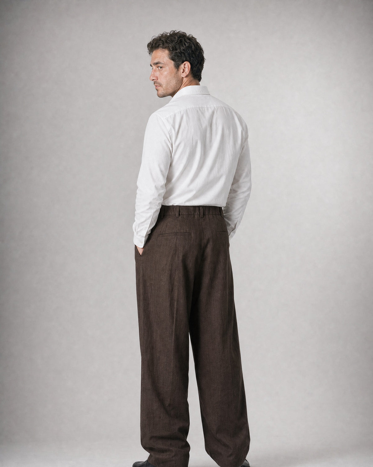 Men's Double-Pleat Wide-Leg Trousers worn, back | Belmorne