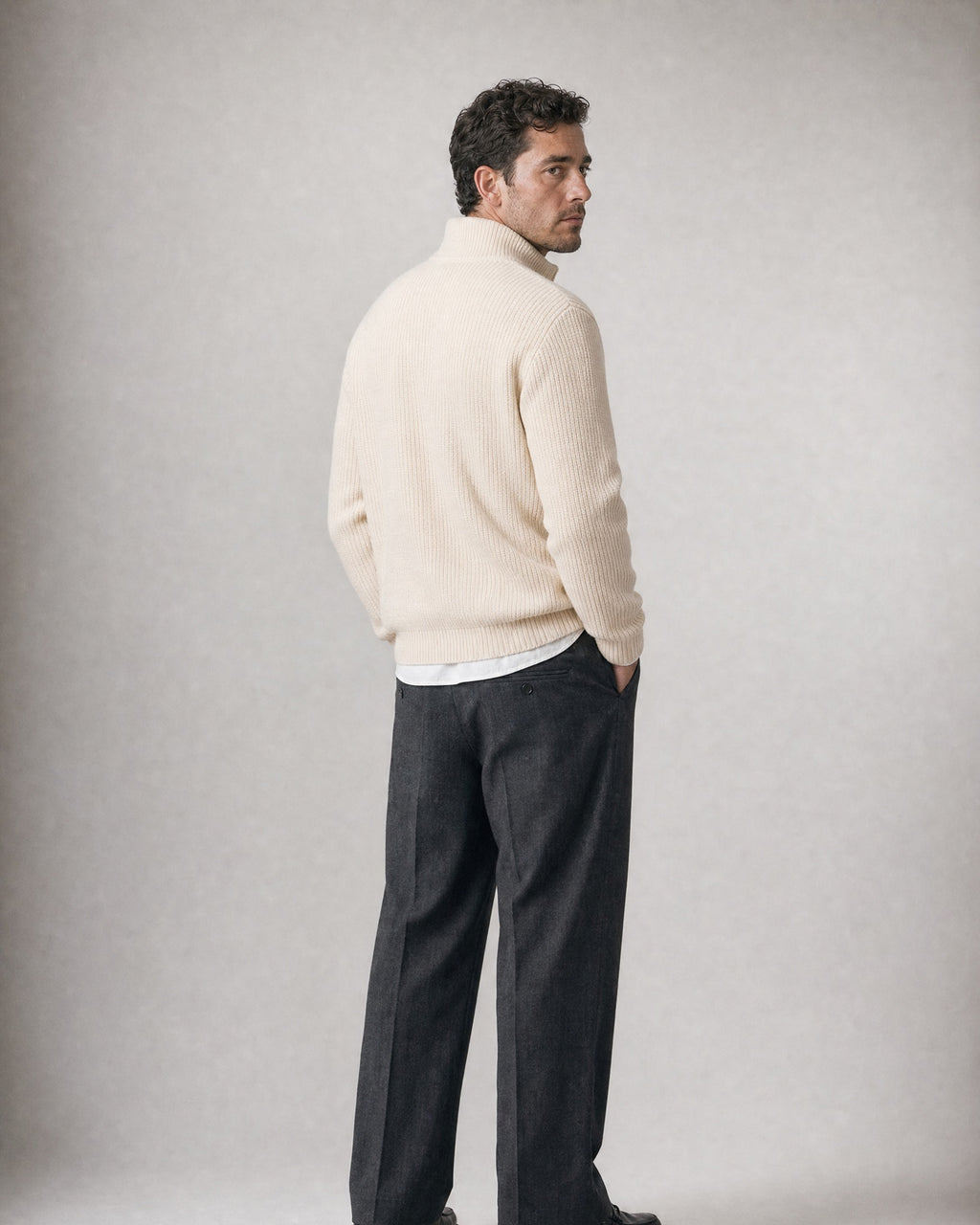 Men's Quarter-Zip Knit Sweater worn, back | Belmorne