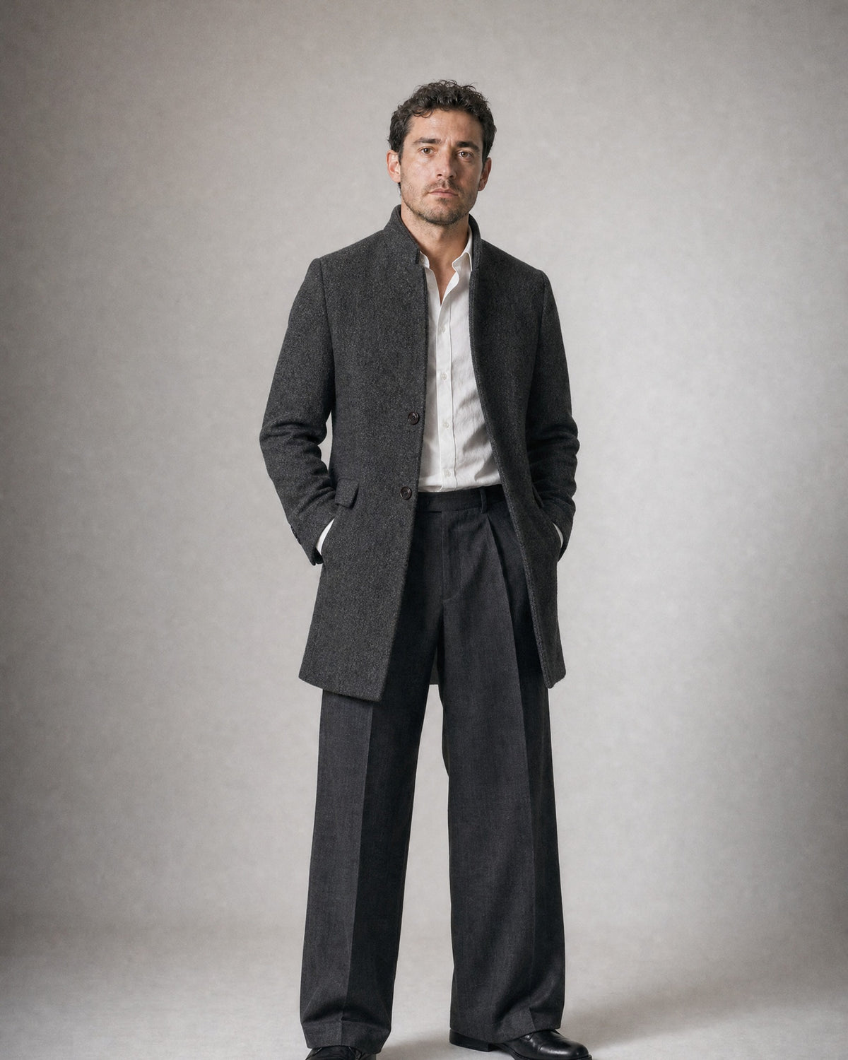 Men's Wool Stand-Collar Coat worn, front | Belmorne