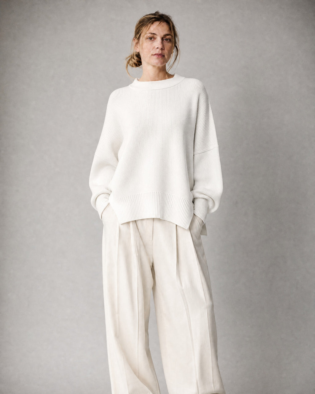 Women's Chunky-Knit Crew-Neck Sweater worn, front | Belmorne