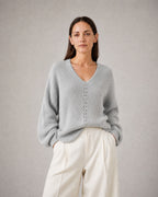 Women's V-Neck Sweater worn, front | Belmorne