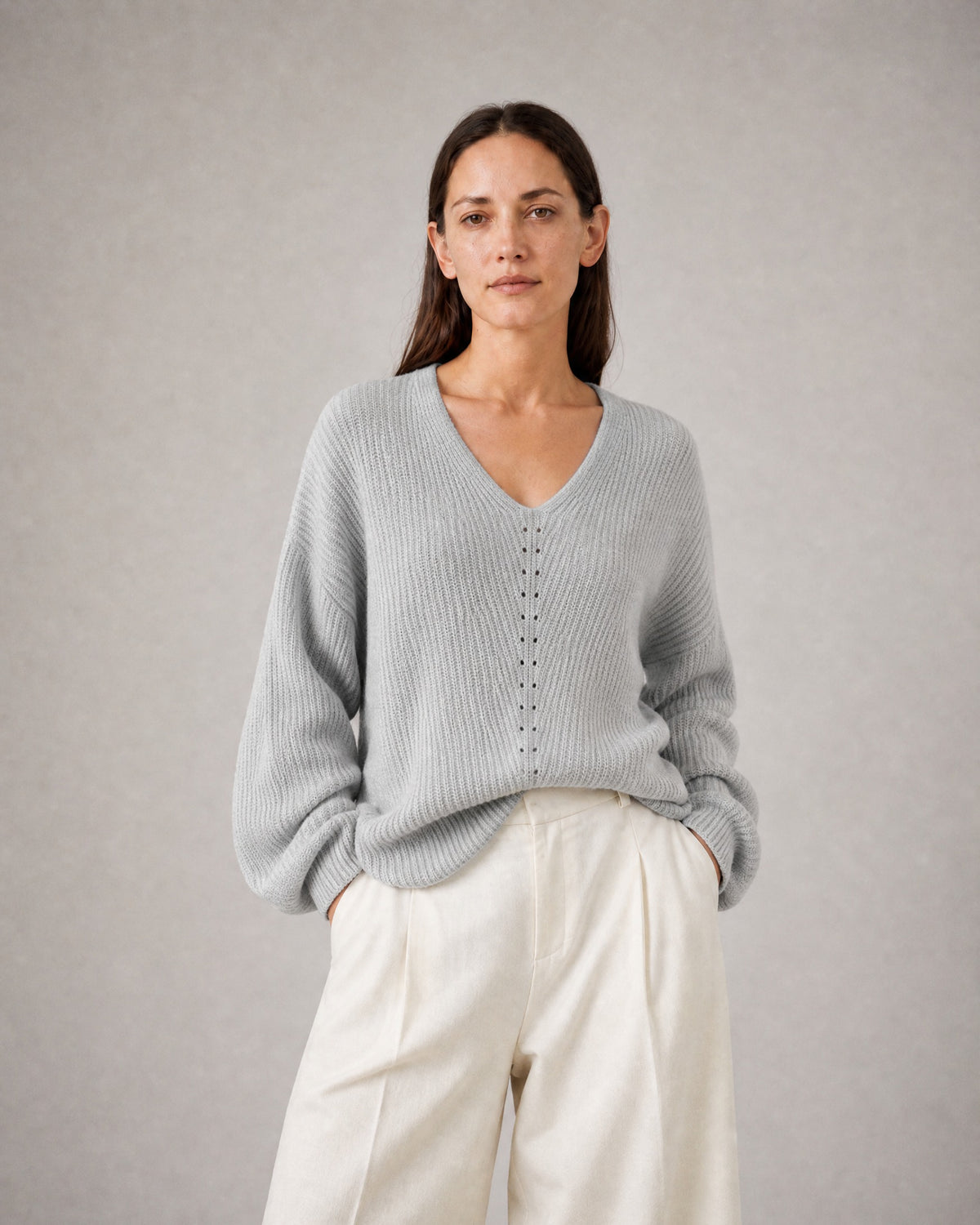 Women's V-Neck Sweater worn, front | Belmorne