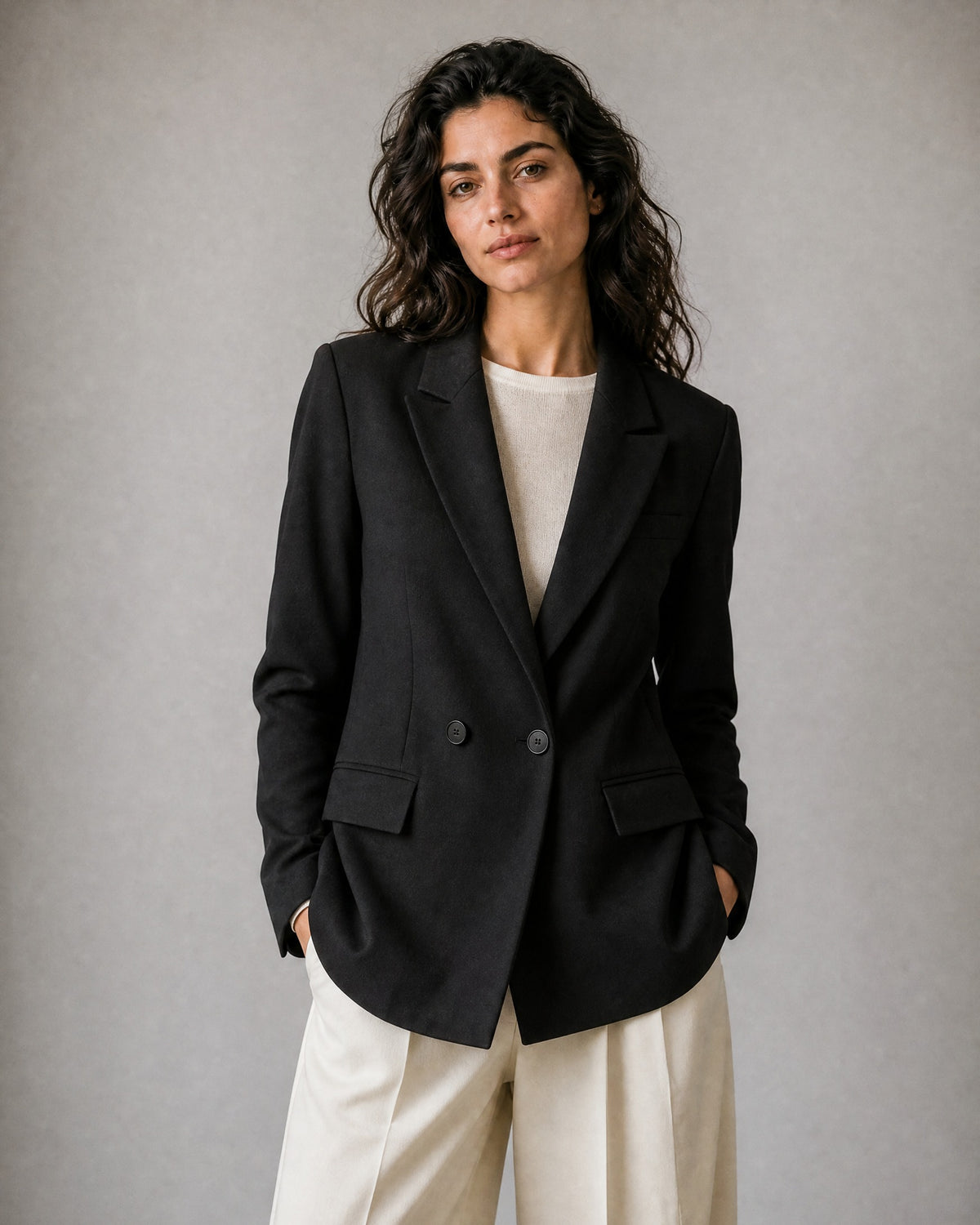 Women's Double-Breasted Blazer worn, front | Belmorne