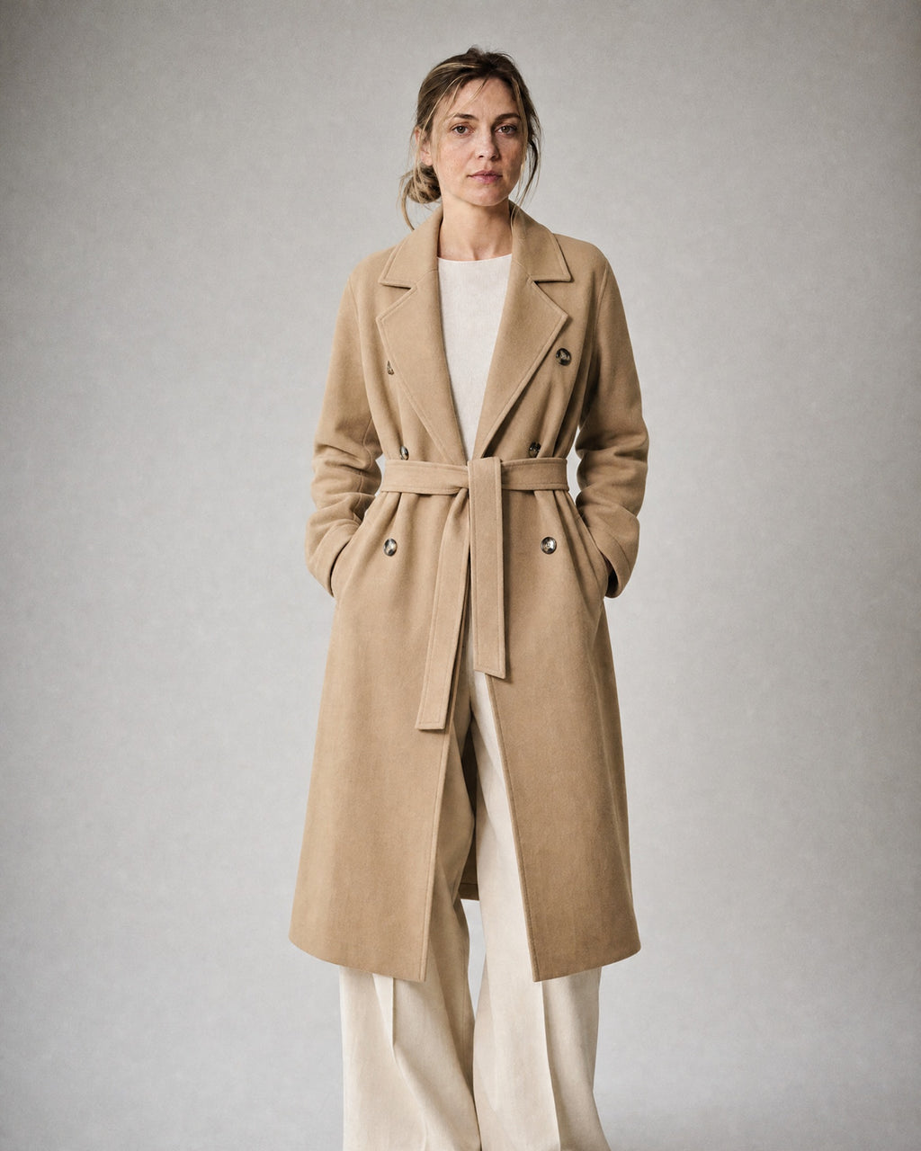Women's Belted Trench Coat worn, front | Belmorne