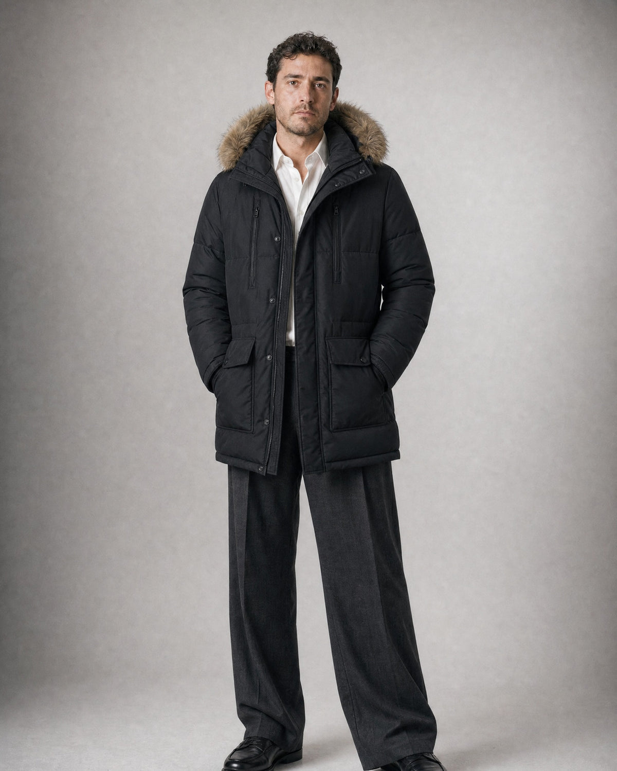 Men's Hooded Padded Parka worn, front | Belmorne