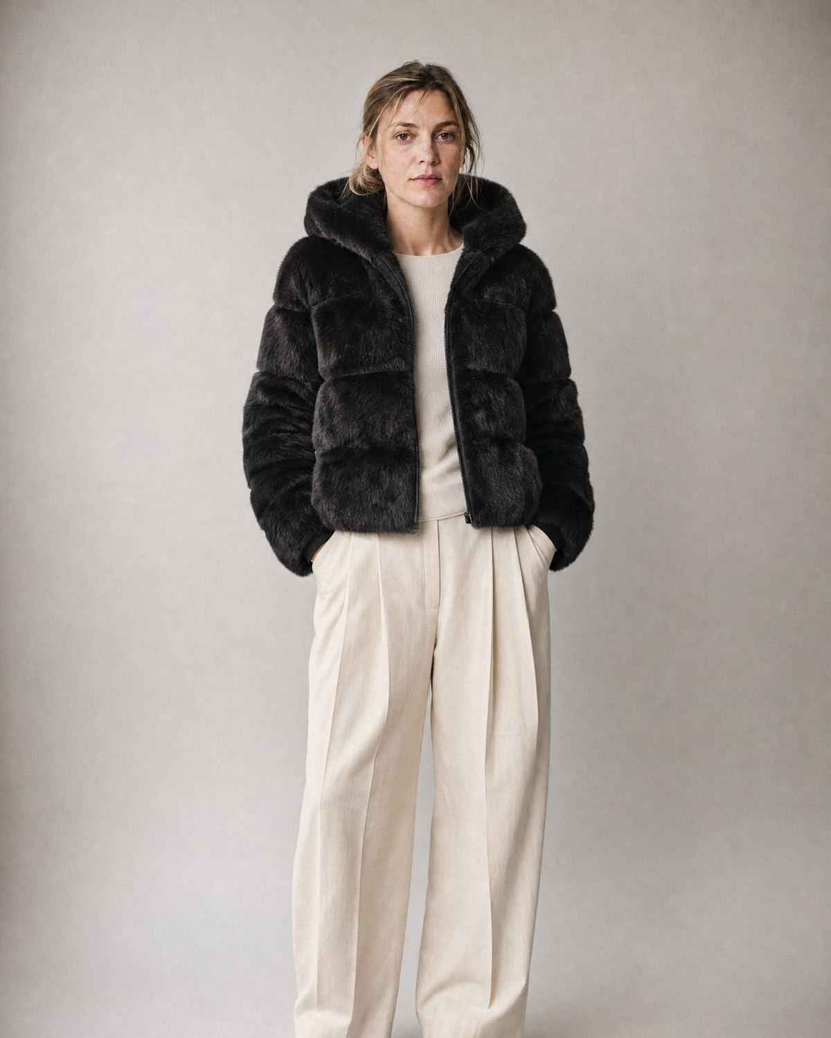 Women's Faux Fur Coat worn, front | Belmorne
