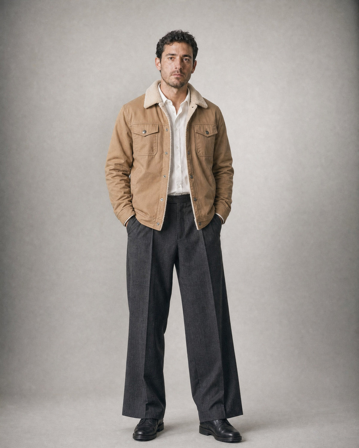 Men's Sherpa-Lined Trucker Jacket worn, front | Belmorne