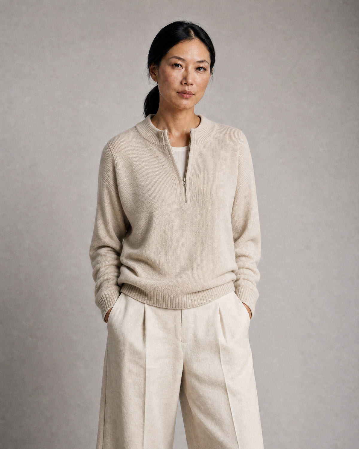 Women's Crew-Neck Half-Zip Sweater worn, front | Belmorne
