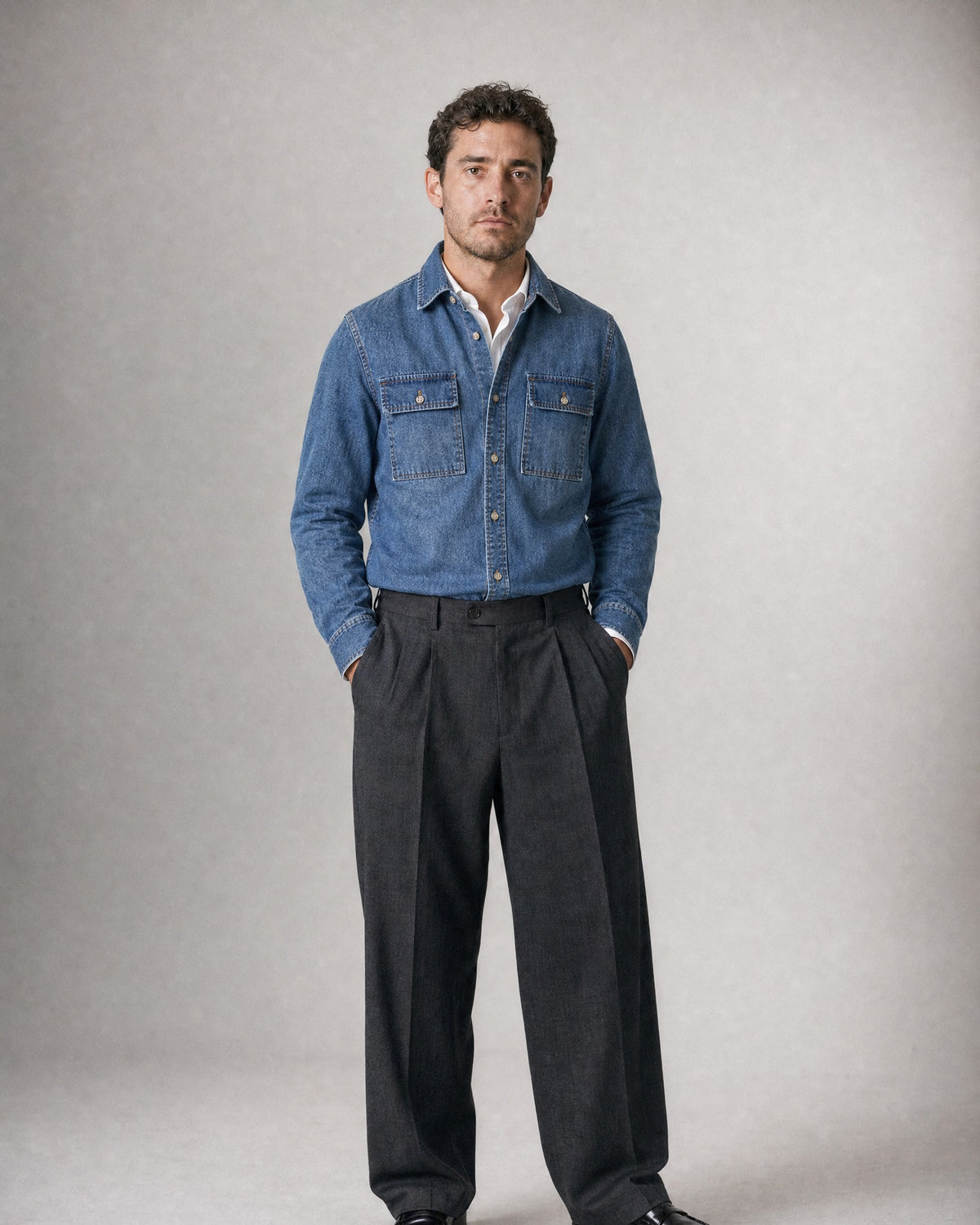 Men's Cotton Washed Denim Shirt worn, front | Belmorne
