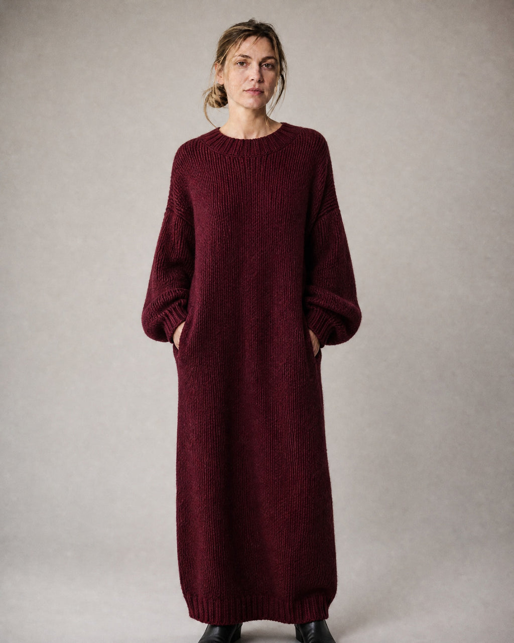 Women's Long Knit Sweater Dress worn, front | Belmorne